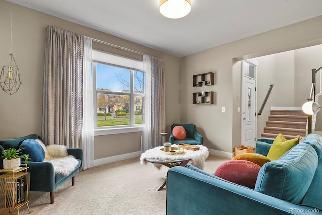 8741 E 29th Ave, Denver, CO 80238 - sitting room featuring stairway, carpet flooring, and baseboards