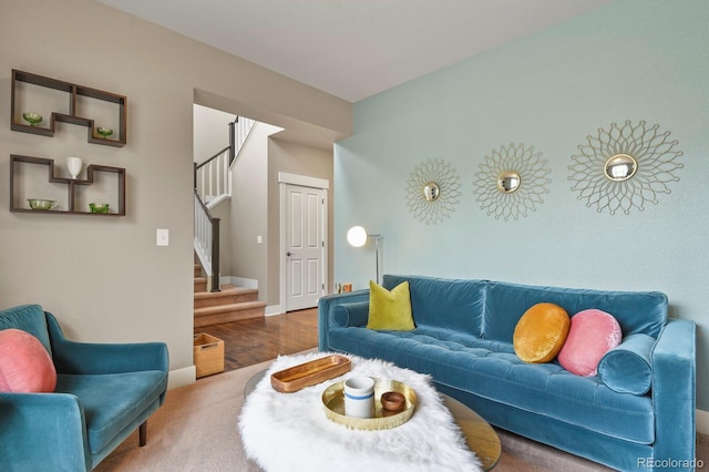 8741 E 29th Ave, Denver, CO 80238 - living room with stairway, carpet floors, and baseboards