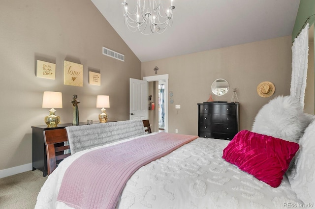 8741 E 29th Ave, Denver, CO 80238 - carpeted bedroom with a chandelier, baseboards, high vaulted ceiling, and visible vents