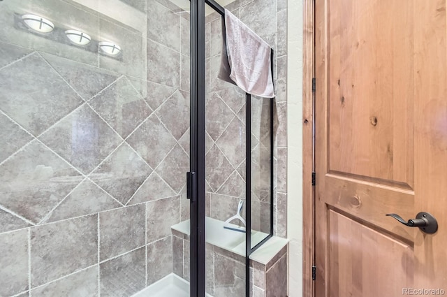 bathroom featuring a shower with door