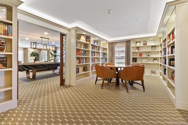 interior space featuring billiards and carpet flooring