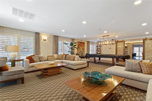 living room featuring pool table and carpet floors