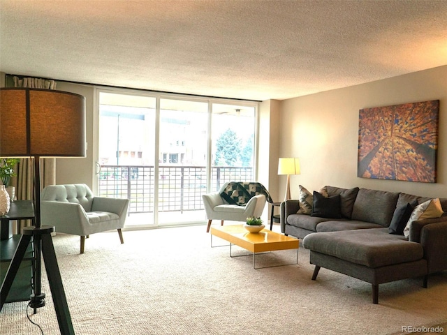 living room featuring carpet floors, expansive windows, and a textured ceiling