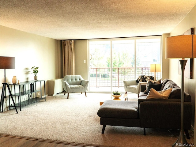 living area with floor to ceiling windows, a textured ceiling, and wood finished floors