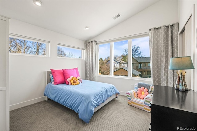 carpeted bedroom with recessed lighting, visible vents, baseboards, and vaulted ceiling