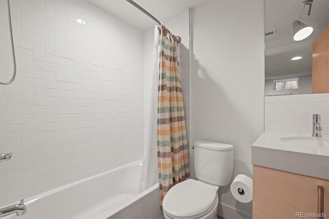 full bathroom featuring visible vents, shower / tub combo with curtain, toilet, tasteful backsplash, and vanity