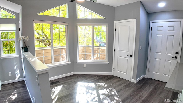 doorway featuring dark wood-type flooring, ceiling fan, and a healthy amount of sunlight