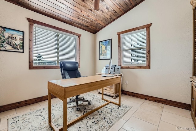 home office featuring lofted ceiling, light tile patterned floors, and wooden ceiling