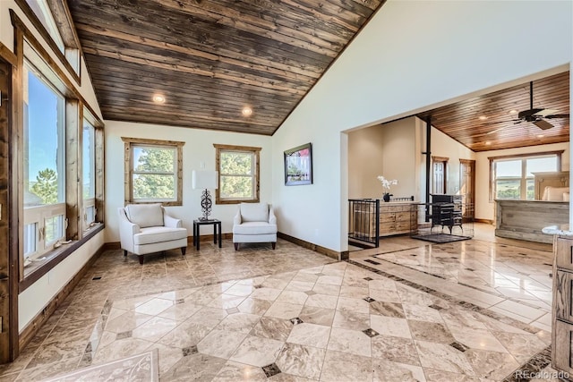 unfurnished room with wood ceiling, a healthy amount of sunlight, high vaulted ceiling, and ceiling fan