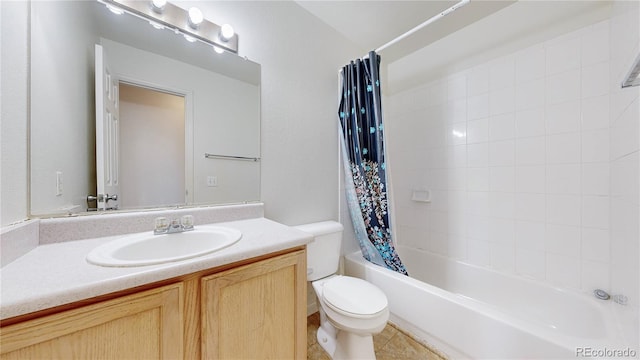 bathroom with toilet, shower / bathtub combination with curtain, and vanity