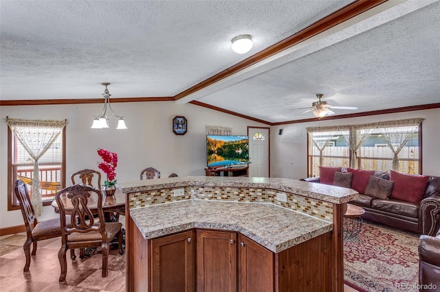 1214 Mac Kay Ct, Dacono, CO 80514 - kitchen with open floor plan, a textured ceiling, a ceiling fan, light countertops, and lofted ceiling