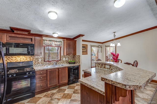 1214 Mac Kay Ct, Dacono, CO 80514 - kitchen featuring black appliances, tasteful backsplash, crown molding, brown cabinetry, and a textured ceiling