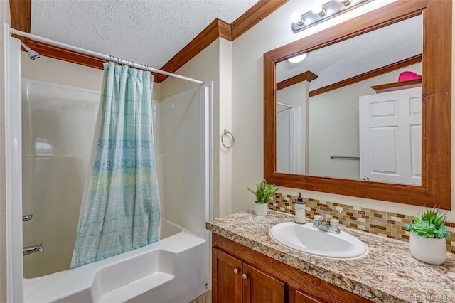 1214 Mac Kay Ct, Dacono, CO 80514 - full bathroom with ornamental molding, tasteful backsplash, vanity, shower / bathtub combination with curtain, and a textured ceiling