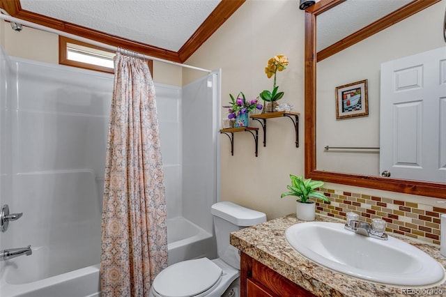 1214 Mac Kay Ct, Dacono, CO 80514 - bathroom with crown molding, decorative backsplash, a textured ceiling, shower / tub combo with curtain, and vanity