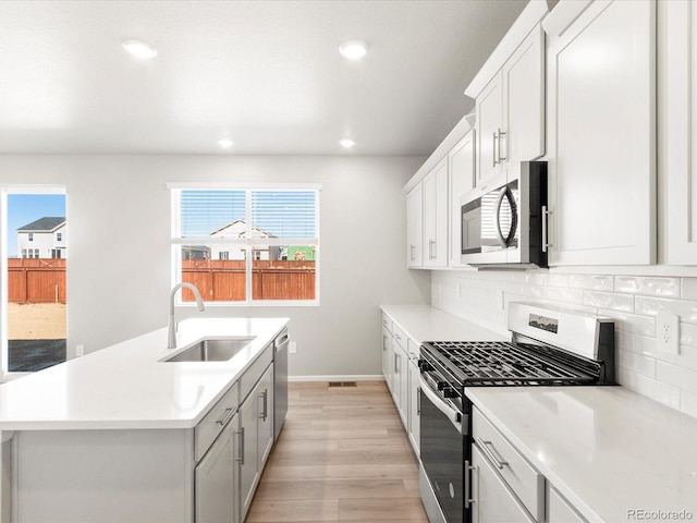 kitchen featuring tasteful backsplash, light wood finished floors, stainless steel appliances, and a sink