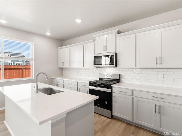 kitchen featuring light wood finished floors, tasteful backsplash, a sink, appliances with stainless steel finishes, and a kitchen island with sink