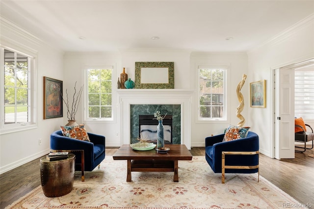 301 Fairfax St, Denver, CO 80220 - sitting room with plenty of natural light, ornamental molding, wood finished floors, a fireplace, and baseboards
