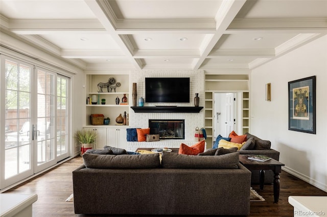 301 Fairfax St, Denver, CO 80220 - living room with built in features, a fireplace, beamed ceiling, dark wood-type flooring, and baseboards