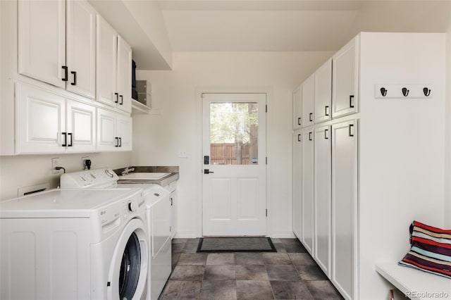 301 Fairfax St, Denver, CO 80220 - washroom featuring cabinet space, baseboards, stone finish floors, and independent washer and dryer