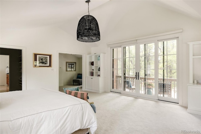 301 Fairfax St, Denver, CO 80220 - bedroom with access to outside, high vaulted ceiling, carpet flooring, and baseboards