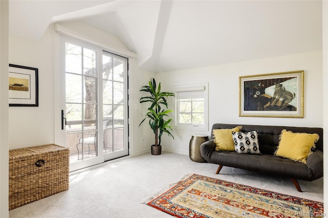 301 Fairfax St, Denver, CO 80220 - living room with carpet flooring, lofted ceiling, and baseboards