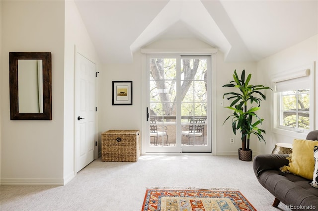 301 Fairfax St, Denver, CO 80220 - living area with carpet, lofted ceiling, and baseboards