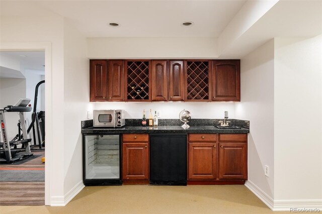 301 Fairfax St, Denver, CO 80220 - indoor wet bar featuring wine cooler, stainless steel microwave, and baseboards