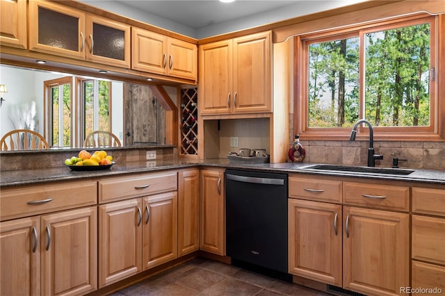 4515 Red Rock Dr, Larkspur, CO 80118 - kitchen featuring dishwasher, a sink, backsplash, dark stone counters, and glass insert cabinets