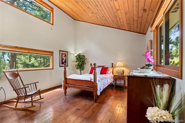 4515 Red Rock Dr, Larkspur, CO 80118 - bedroom with multiple windows, baseboards, wooden ceiling, wood-type flooring, and lofted ceiling