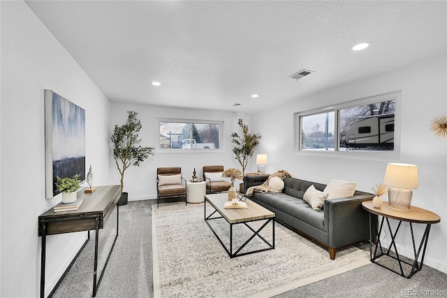 living room featuring a textured ceiling, carpet flooring, and plenty of natural light