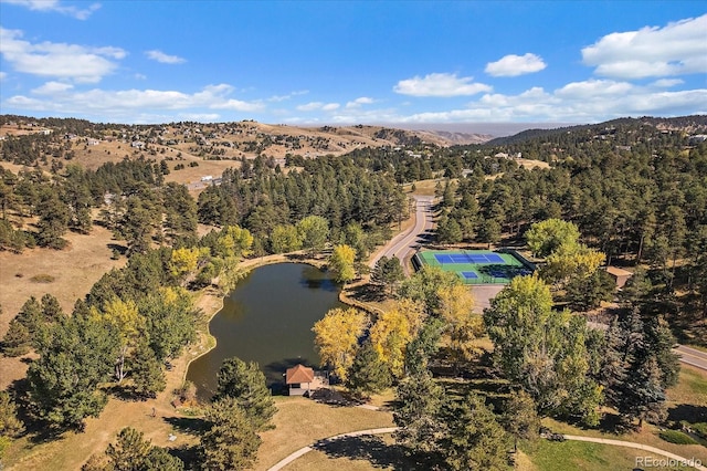 23712 Pondview Pl Unit A, Golden, CO 80401 - aerial view of property and surrounding area featuring a water and mountain view and a heavily wooded area
