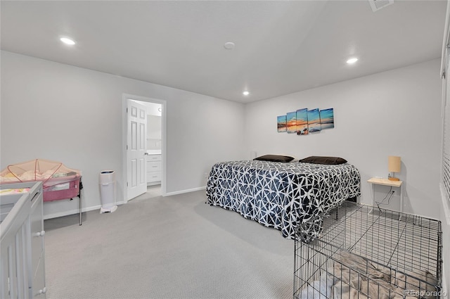 bedroom featuring recessed lighting, baseboards, and carpet floors