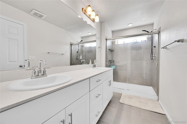 full bathroom with a sink, visible vents, a stall shower, and double vanity