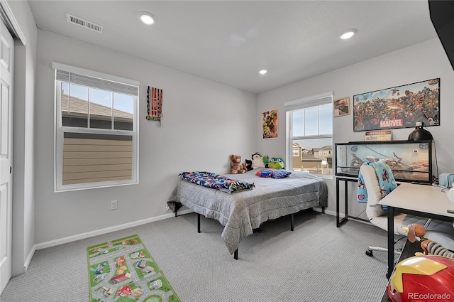 bedroom featuring recessed lighting, visible vents, carpet floors, and baseboards