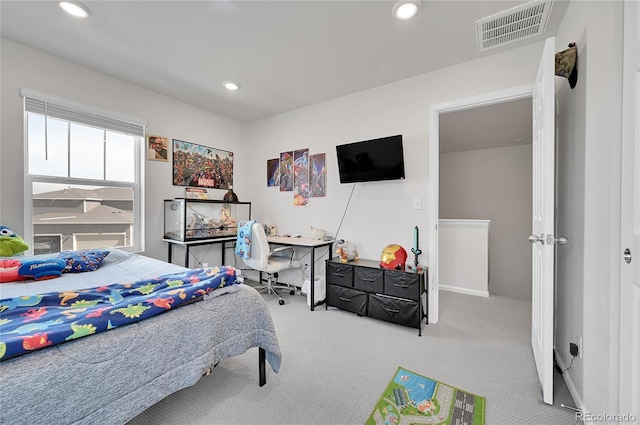 bedroom featuring carpet, recessed lighting, and visible vents