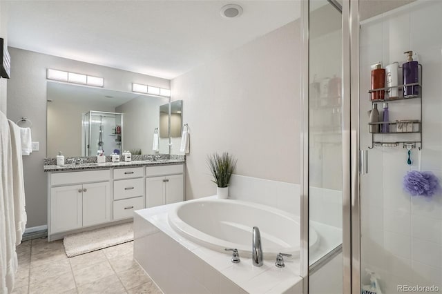 bathroom with tile patterned floors, vanity, and plus walk in shower