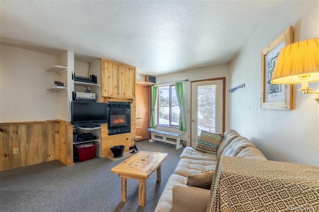 living room featuring carpet flooring and a textured ceiling