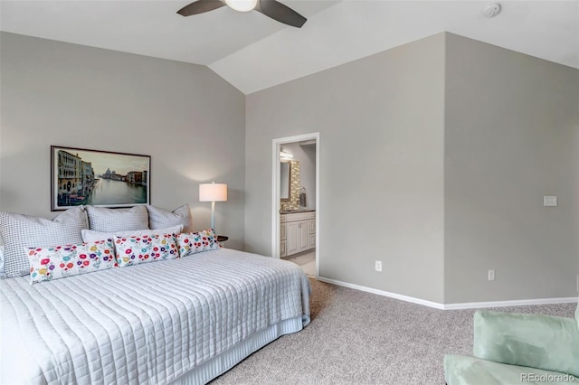 2132 Boise Ct, Longmont, CO 80504 - bedroom with carpet, vaulted ceiling, baseboards, ensuite bath, and ceiling fan