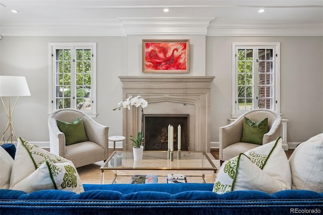 living area featuring a wealth of natural light, a fireplace, and crown molding