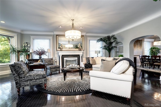 living room with an inviting chandelier, dark hardwood / wood-style floors, and a wealth of natural light