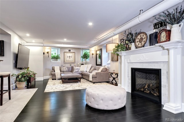 living room featuring wood-type flooring and a high end fireplace