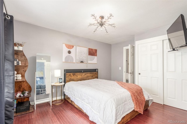 bedroom with dark wood-style flooring and a closet