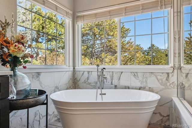 full bathroom featuring a freestanding tub and a wealth of natural light