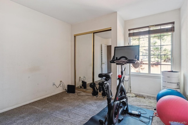 workout area with baseboards and carpet