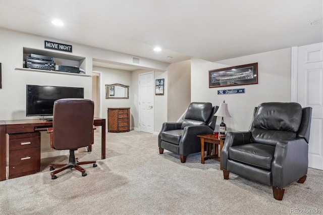 office area featuring carpet flooring, recessed lighting, visible vents, and baseboards