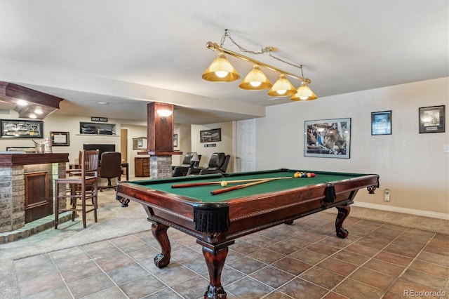 playroom with a bar, tile patterned floors, and pool table