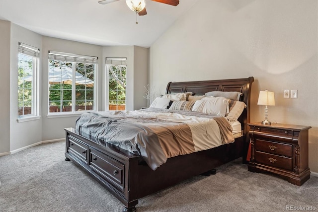 16302 Parkside Dr, Parker, CO 80134 - carpeted bedroom featuring vaulted ceiling, baseboards, and ceiling fan