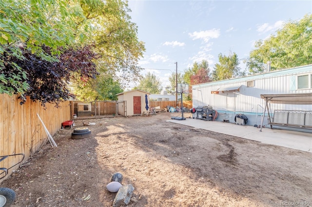 view of yard featuring a storage unit and a patio area