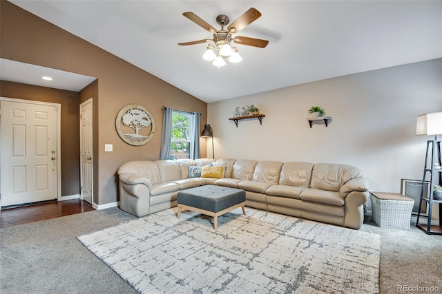 1179 S Alton Ct, Denver, CO 80247 - living area with carpet floors, a ceiling fan, lofted ceiling, and baseboards