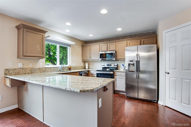 1179 S Alton Ct, Denver, CO 80247 - kitchen featuring appliances with stainless steel finishes, a peninsula, dark wood-type flooring, light stone countertops, and a sink